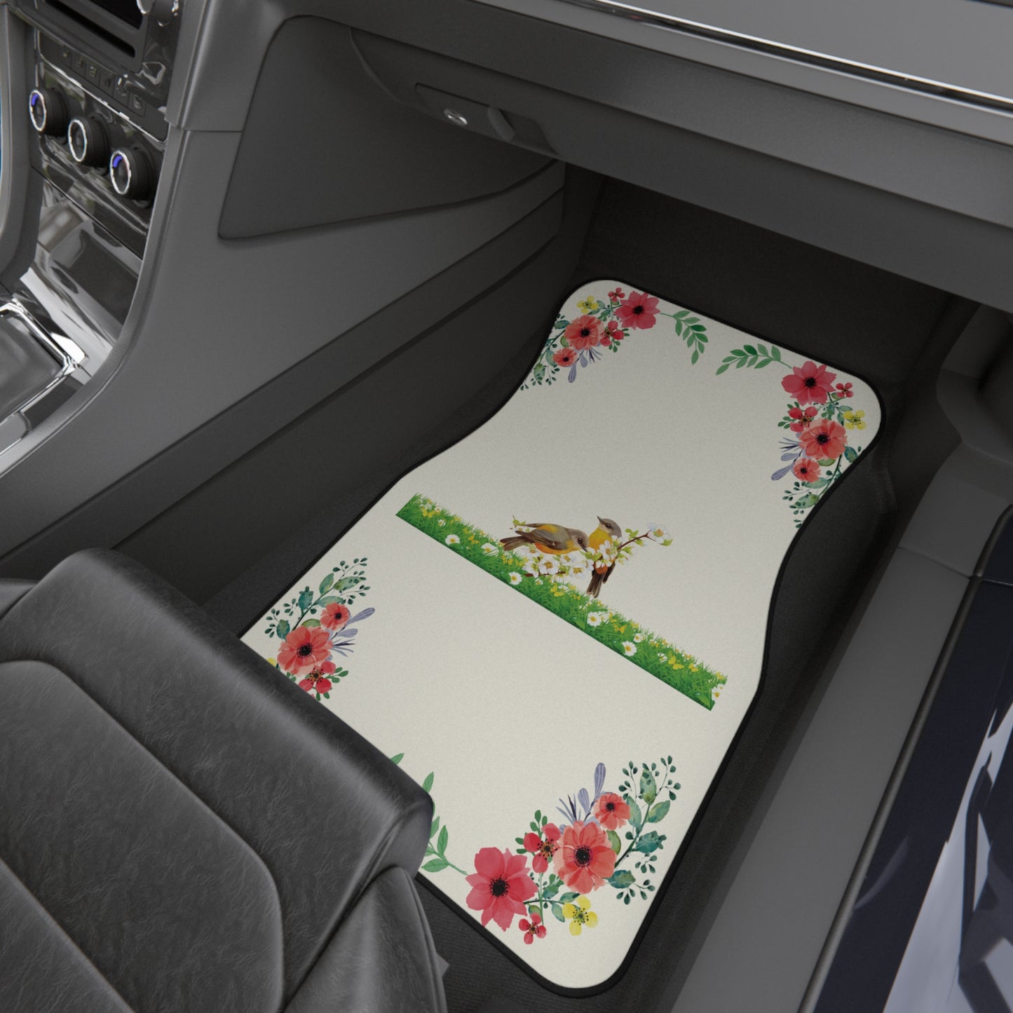 Flowers Birds Watercolor Car Floor Mats – 2-Piece Front Set, Durable & Stylish, Universal Fit