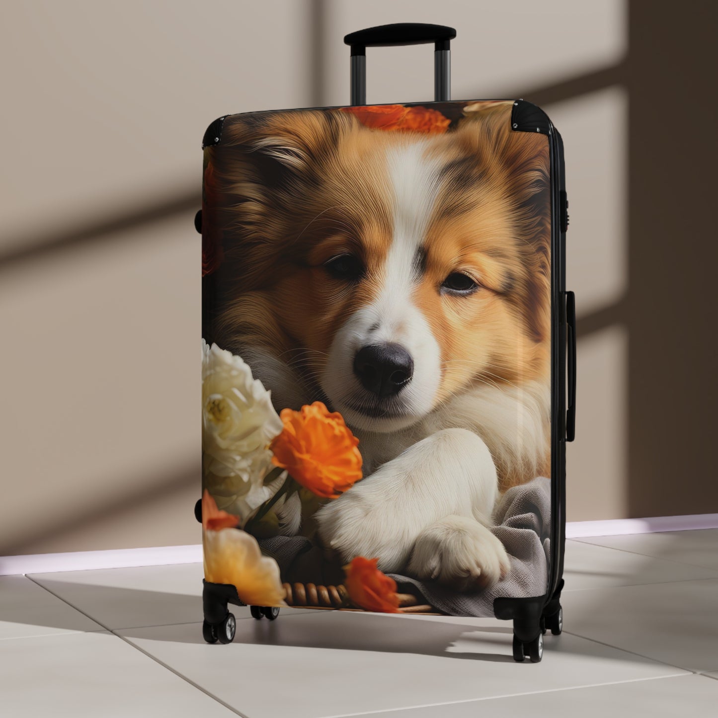 Nature Flowers Floral Cute Dog in Basket Art Carry-On Suitcase - Stylish Luggage for Travelers