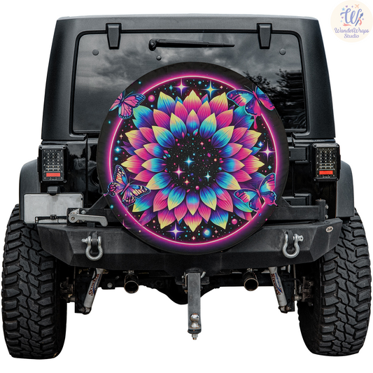 Sunflowers Petals Neon Spare Tire Cover – Waterproof UV Resistant Protector with Camera Hole