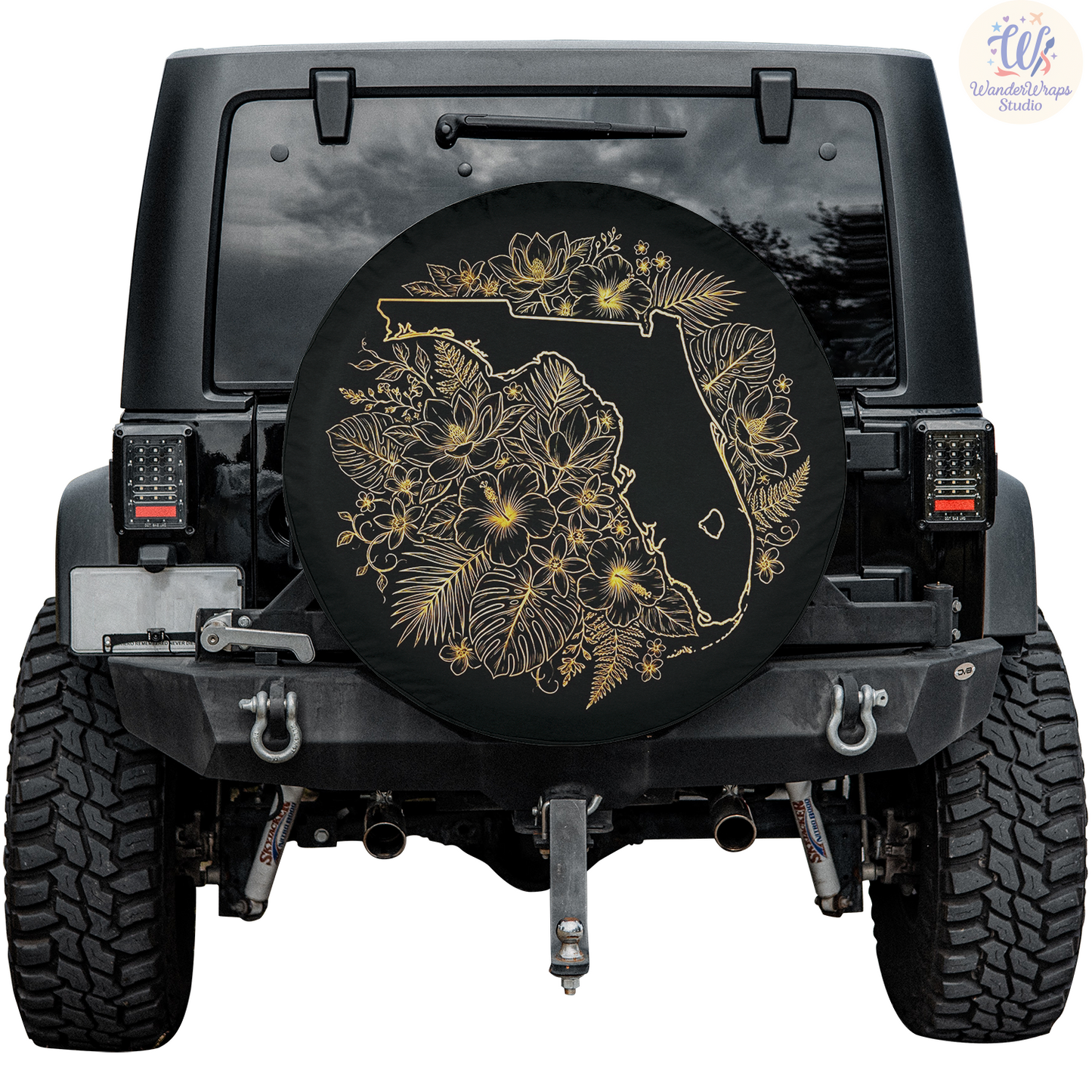 Dense Gold Floral Florida Spare Tire Cover – Waterproof UV Resistant Protector with Camera Hole