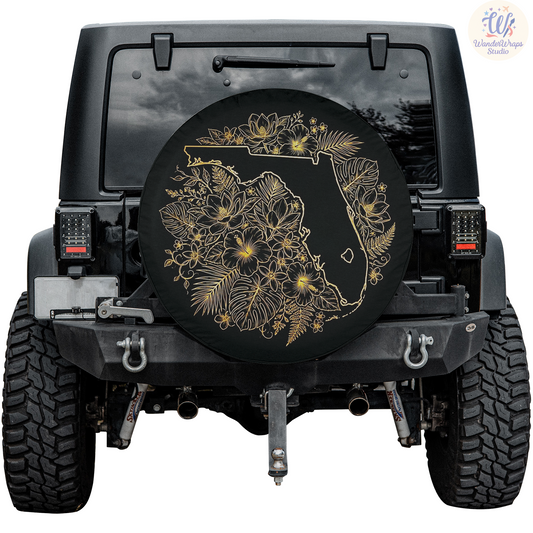 Dense Gold Floral Florida Spare Tire Cover – Waterproof UV Resistant Protector with Camera Hole
