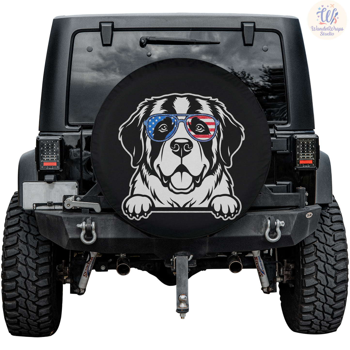St. Bernard Patriotic Sunglasses Spare Tire Cover – Waterproof UV Resistant Protector with Camera Hole
