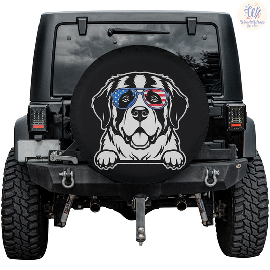 St. Bernard Patriotic Sunglasses Spare Tire Cover – Waterproof UV Resistant Protector with Camera Hole