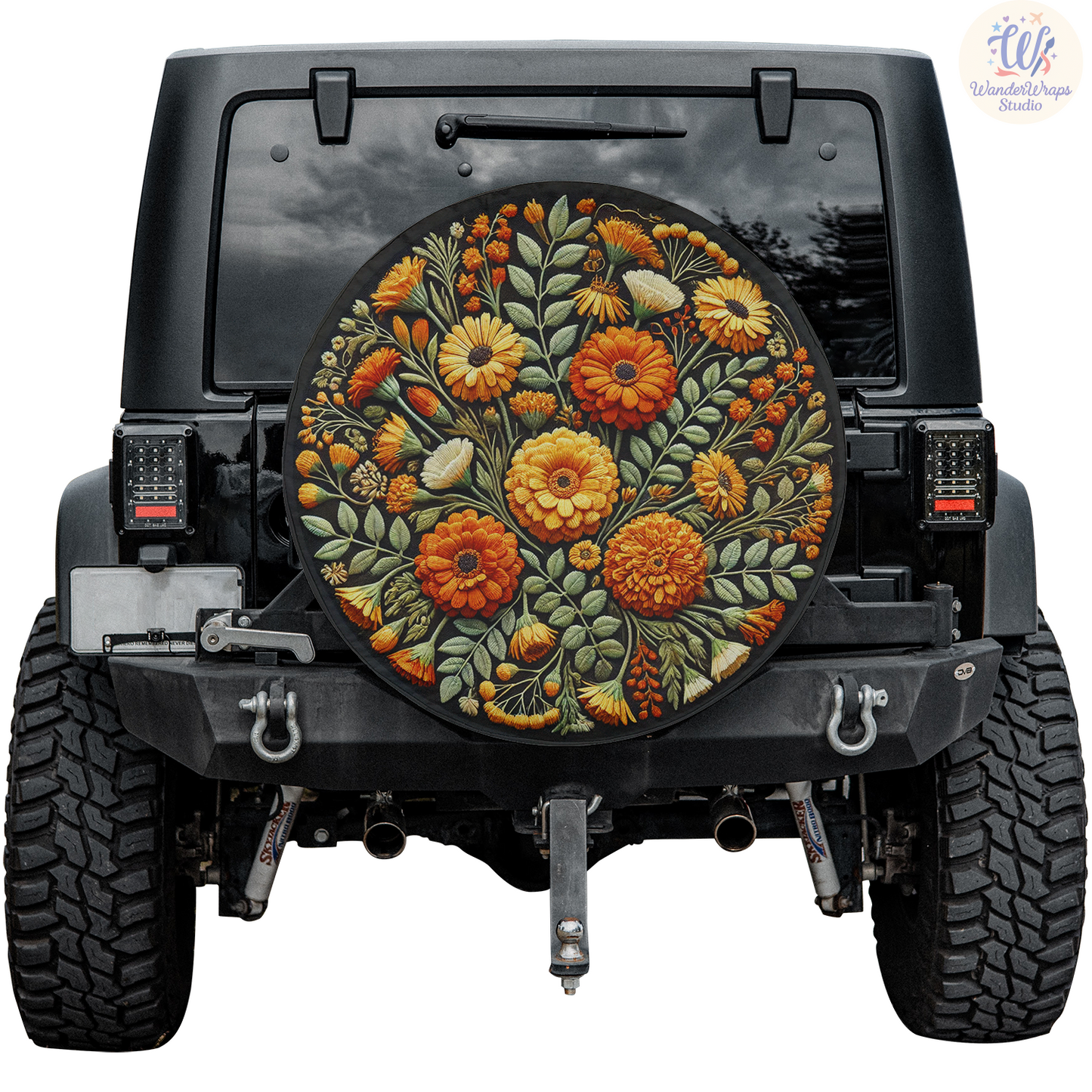 Orange Wildflower Spare Tire Cover – Waterproof UV Resistant Protector with Camera Hole