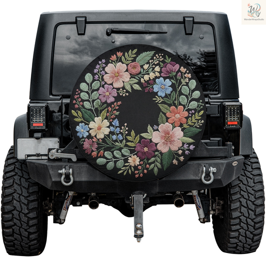 Embroidered Floral Wreath Faux Embriodery Spare Tire Cover – Waterproof UV Resistant Protector with Camera Hole