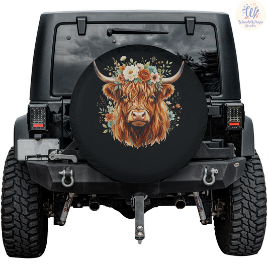 Floral Highland Cow With Glitter Spare Tire Cover – Waterproof UV Resistant Protector with Camera Hole