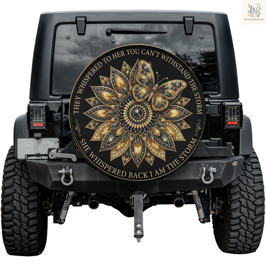 Black & Gold Rhinestone Mandala Spare Tire Cover – Waterproof UV Resistant Protector with Camera Hole
