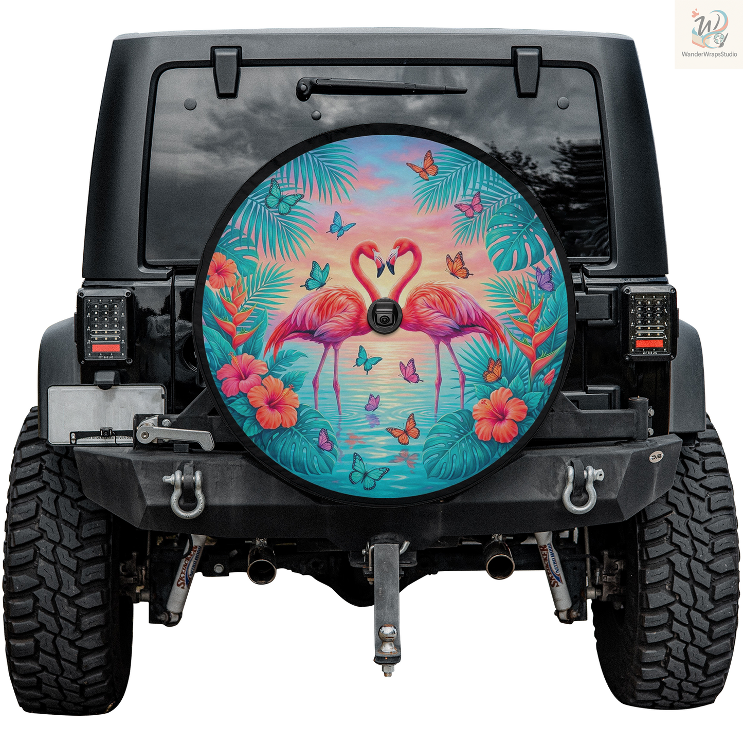 Tropical Flamingo Sunset Lagoon Spare Tire Cover – Waterproof UV Resistant Protector with Camera Hole