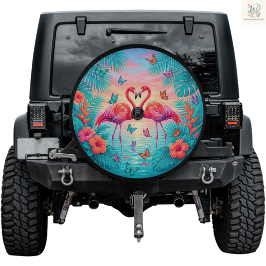 Tropical Flamingo Sunset Lagoon Spare Tire Cover – Waterproof UV Resistant Protector with Camera Hole