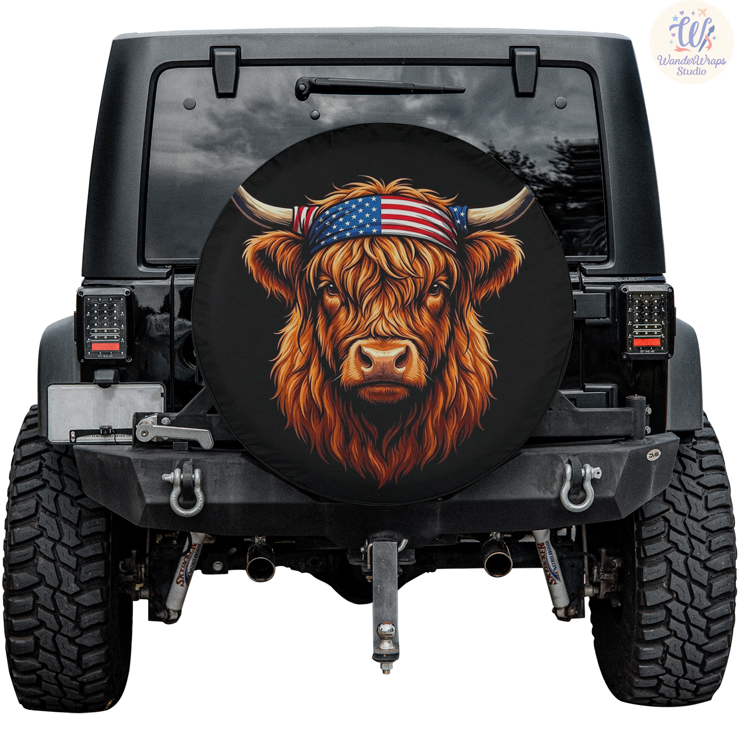 Patriotic Highland Cow Spare Tire Cover – Waterproof UV Resistant Protector with Camera Hole