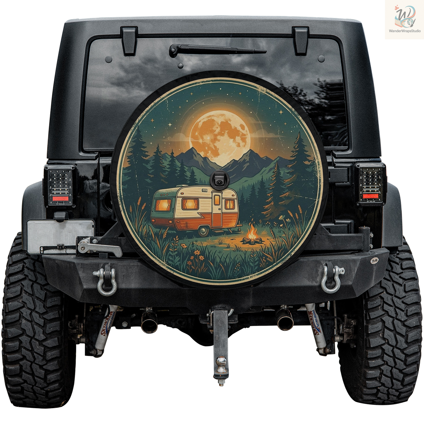 Retro Camping Night Spare Tire Cover – Waterproof UV Resistant Protector with Camera Hole