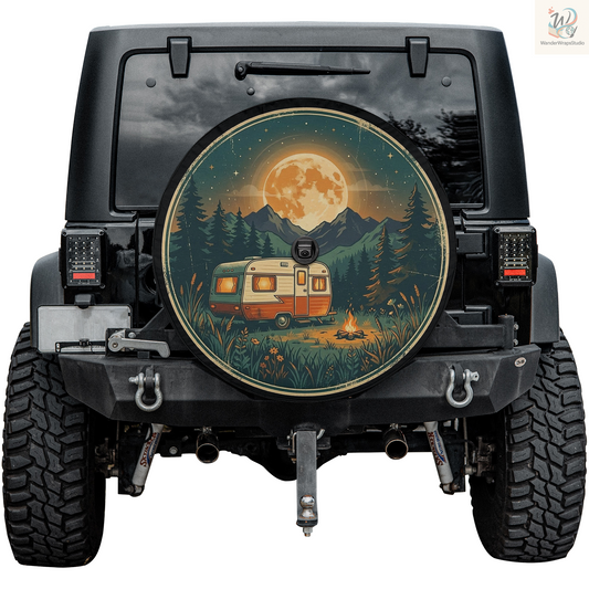 Retro Camping Night Spare Tire Cover – Waterproof UV Resistant Protector with Camera Hole