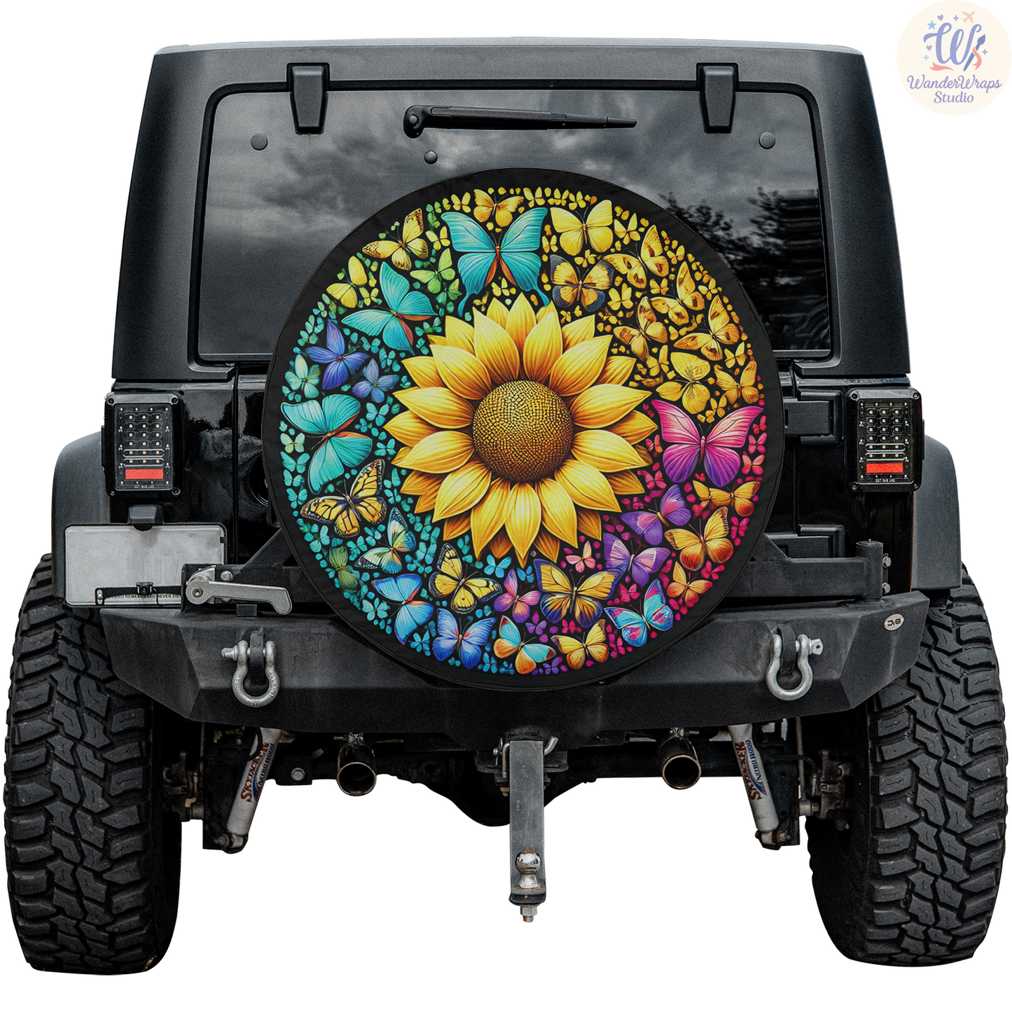 Colorful Butterfiles Sunflower Spare Tire Cover – Waterproof UV Resistant Protector with Camera Hole