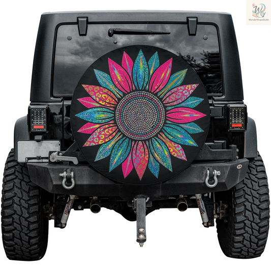 Pink Glitter Sunflower With Leopard Petals Spare Tire Cover – Waterproof UV Resistant Protector with Camera Hole