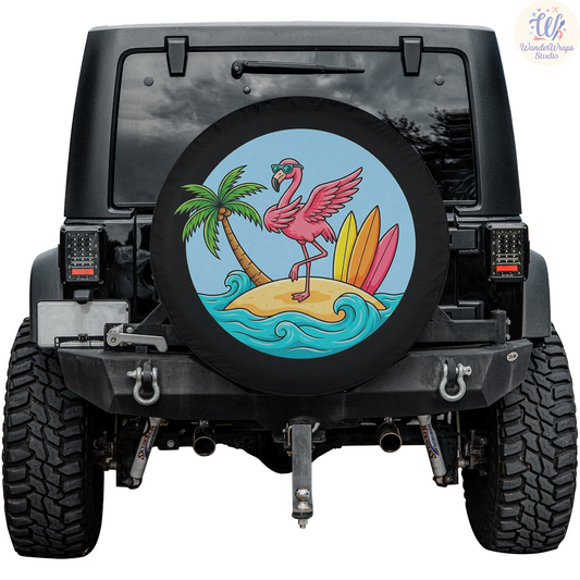 Tropical Flamingo Spare Tire Cover – Waterproof UV Resistant Protector with Camera Hole