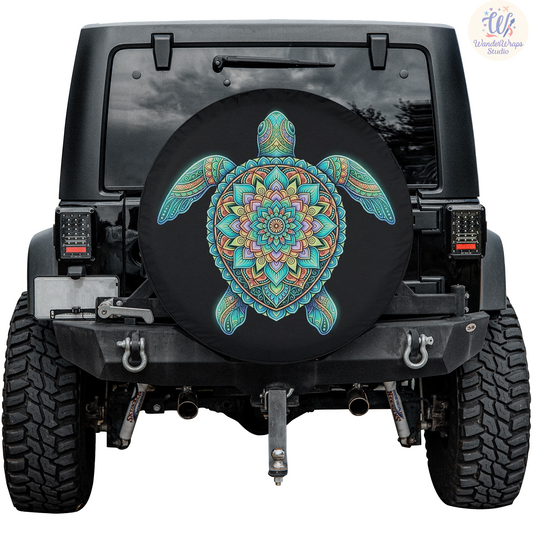 Mandala Sea Turtle Spare Tire Cover – Waterproof UV Resistant Protector with Camera Hole