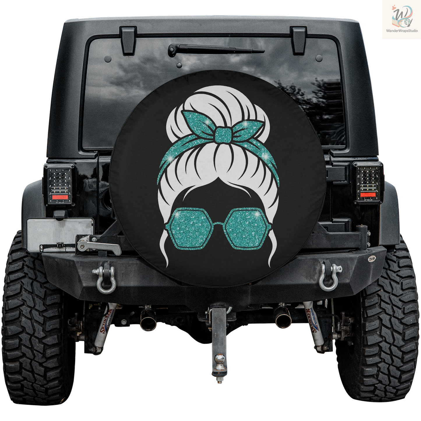 Glitter Teal Messy Bun Spare Tire Cover – Waterproof UV Resistant Protector with Camera Hole