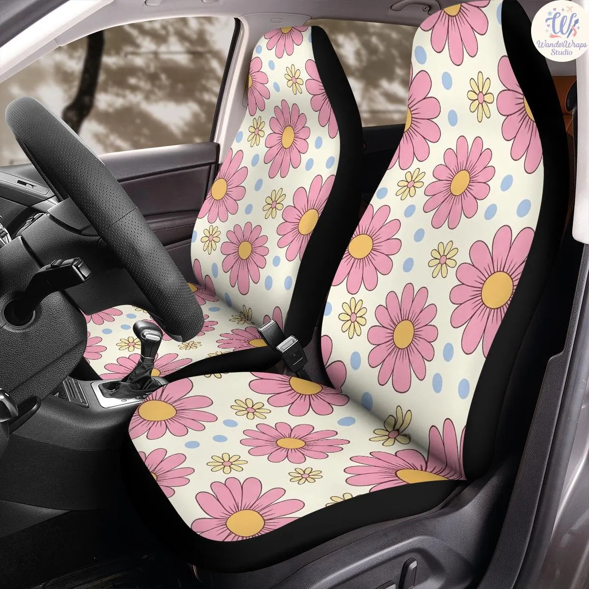 Retro Daisy Pop Floral Pattern Car Seat Covers – High Quality Graphic and Polar Fleece Protector Set