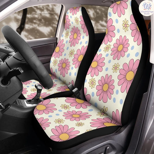 Retro Daisy Pop Floral Pattern Car Seat Covers – High Quality Graphic and Polar Fleece Protector Set