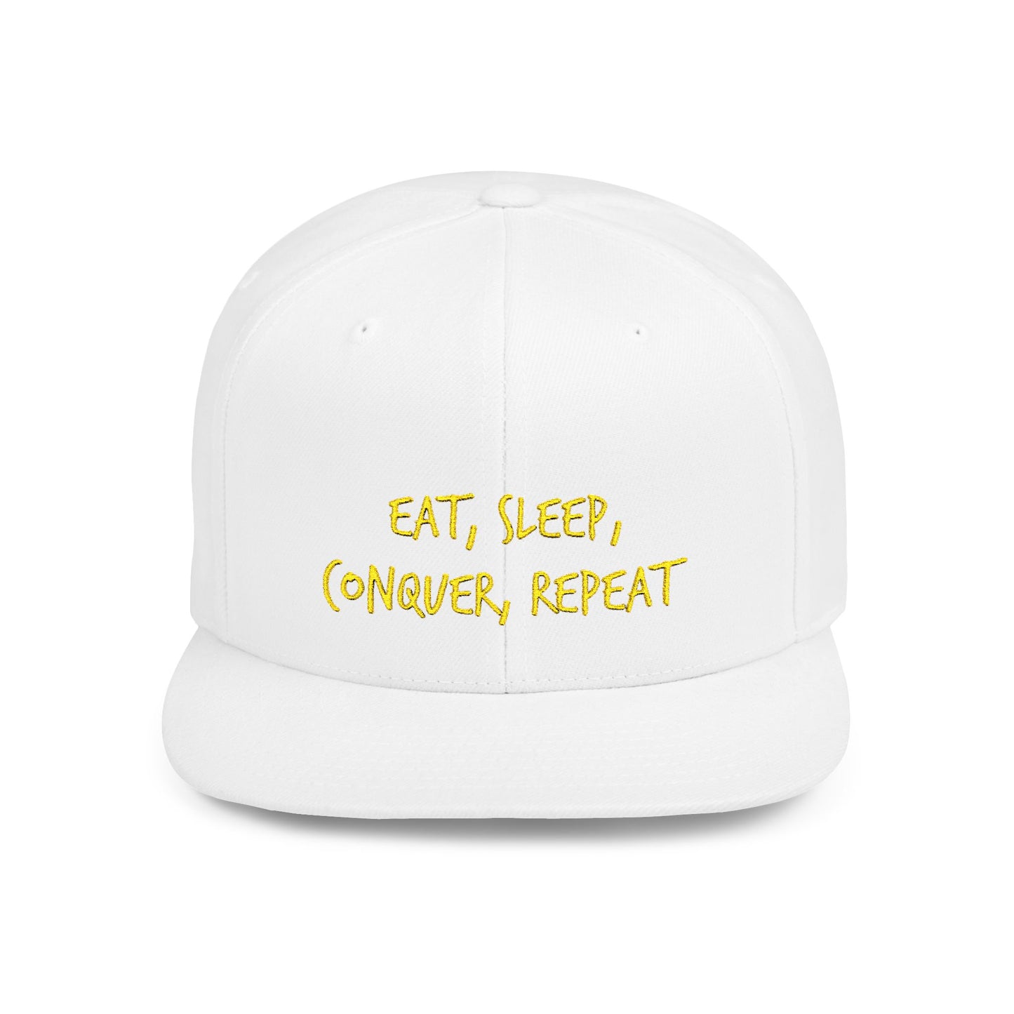Text Eat Sleep Conquer Repeat Flat Bill Snapback – Lightweight, Custom Fit, Premium Quality