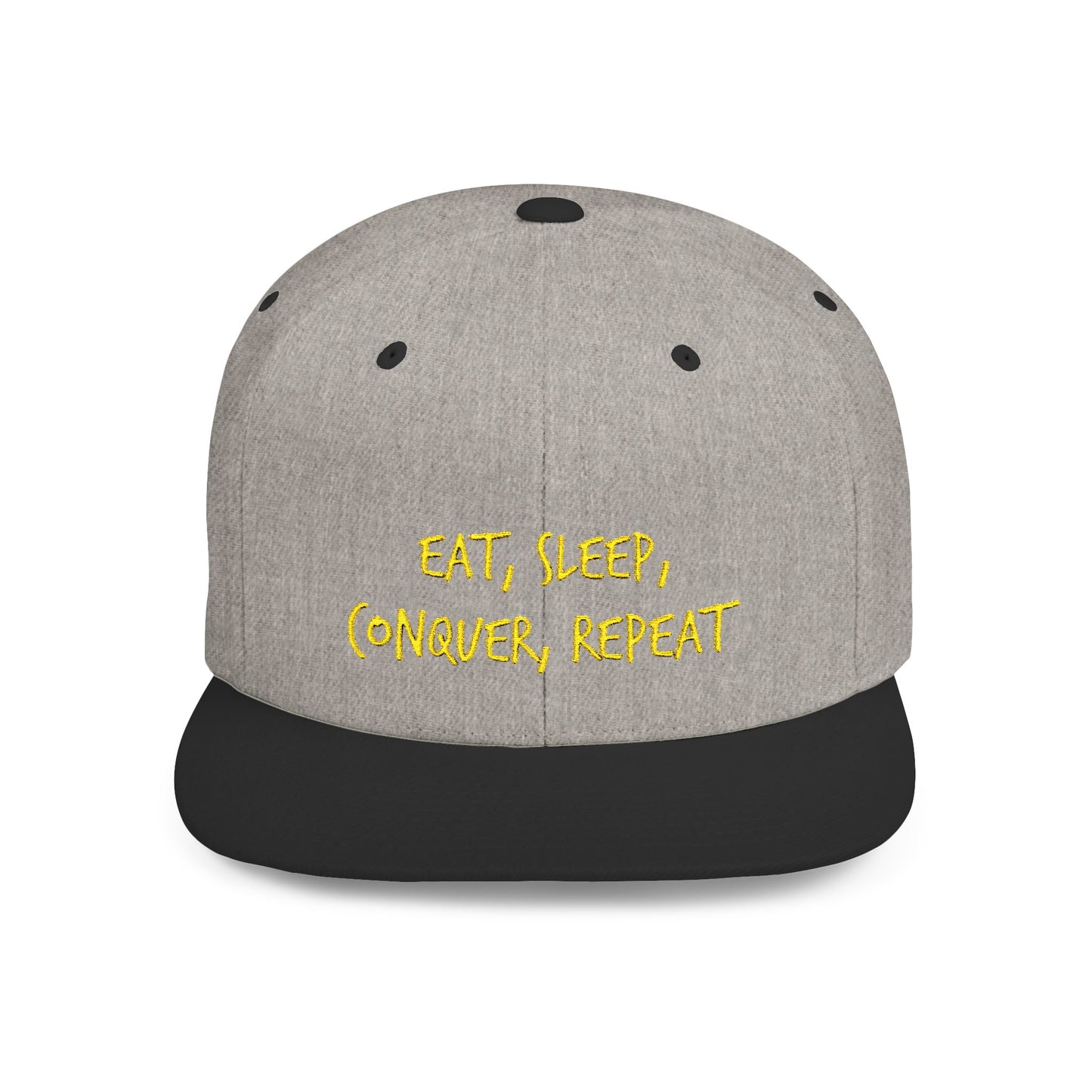 Text Eat Sleep Conquer Repeat Flat Bill Snapback – Lightweight, Custom Fit, Premium Quality
