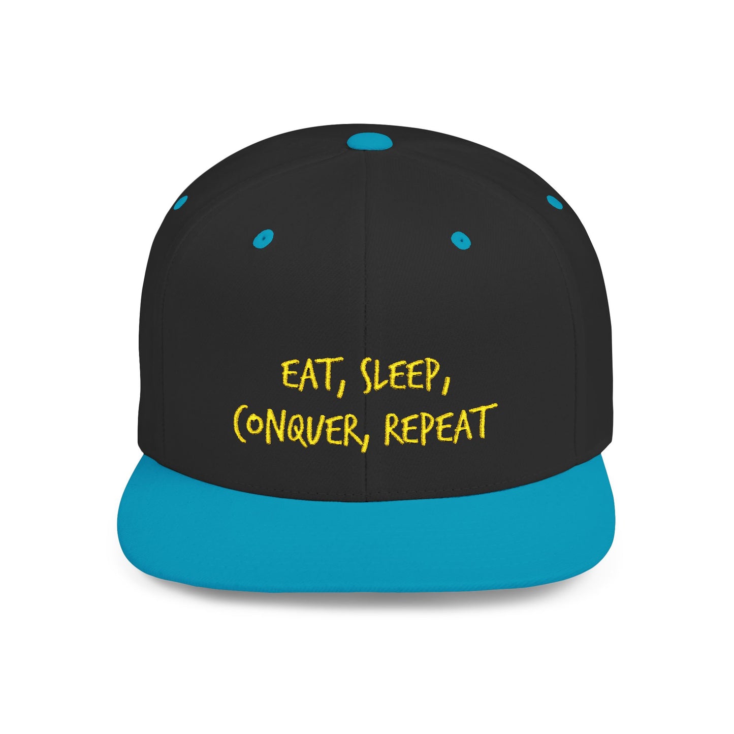 Text Eat Sleep Conquer Repeat Flat Bill Snapback – Lightweight, Custom Fit, Premium Quality