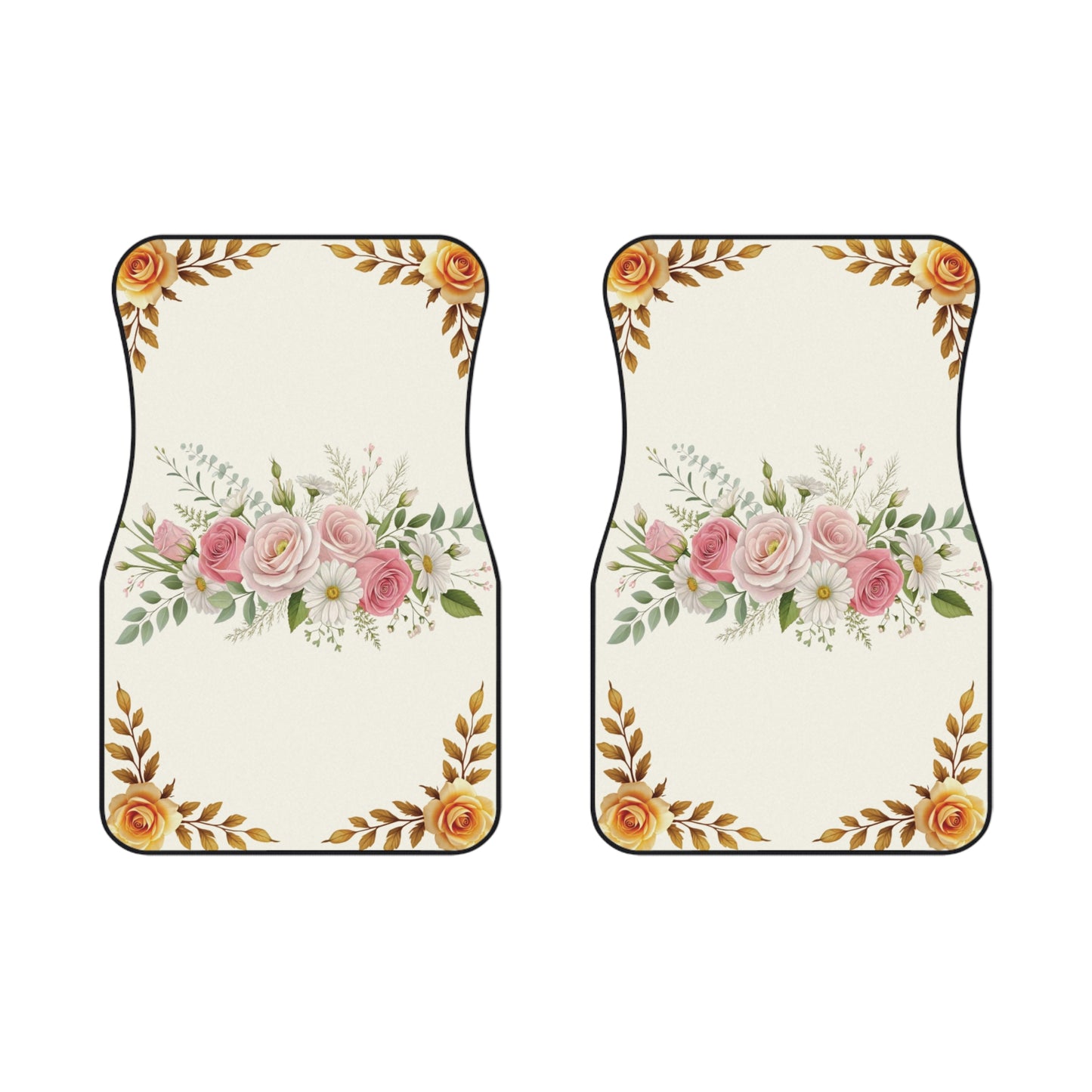 Flowers Gold Elegant Car Floor Mats – 2-Piece Front Set, Durable & Stylish, Universal Fit