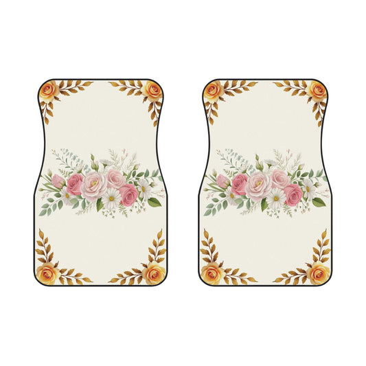 Flowers Gold Elegant Car Floor Mats – 2-Piece Front Set, Durable & Stylish, Universal Fit