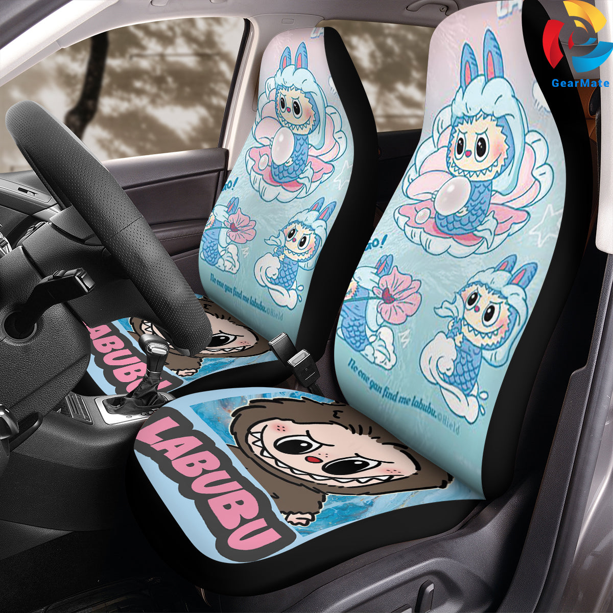 Cute Labubu Blue Car Seat Covers – High Quality Graphic and Polar Fleece Protector Set