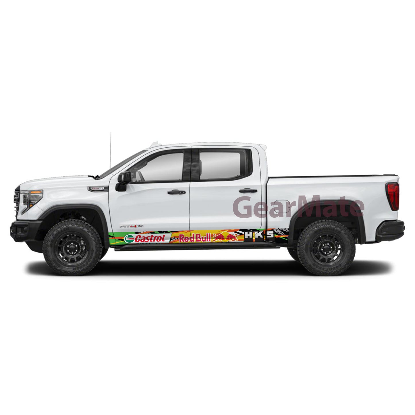 Racing Fire Yellow Green HKS Castrol Redbull Rocker Panel Graphic Decal Kit (Left & Right Sides) - High Quality Vinyl for Trucks & SUVs