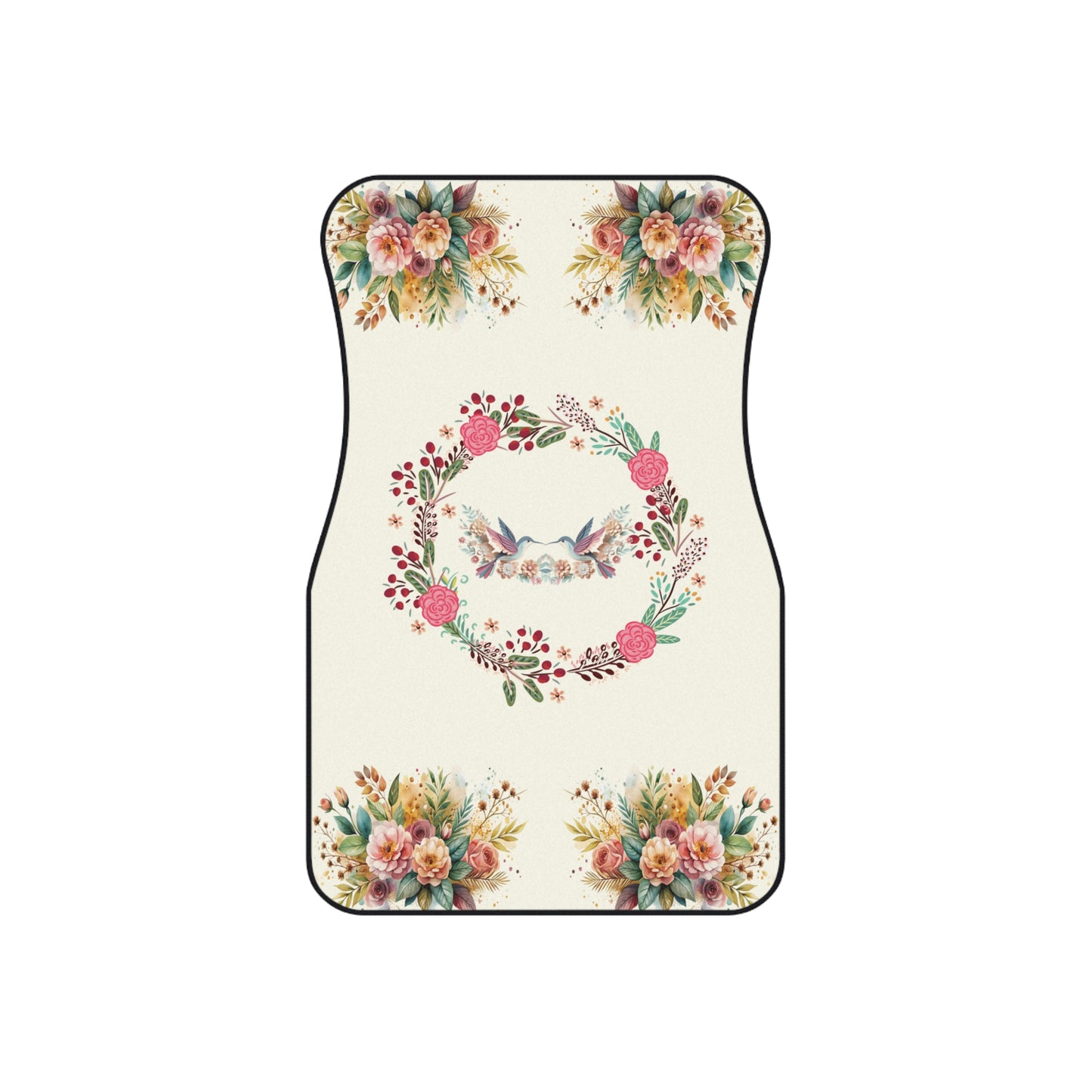 Flowers Birds Floral Wreath Car Floor Mats – 2-Piece Front Set, Durable & Stylish, Universal Fit