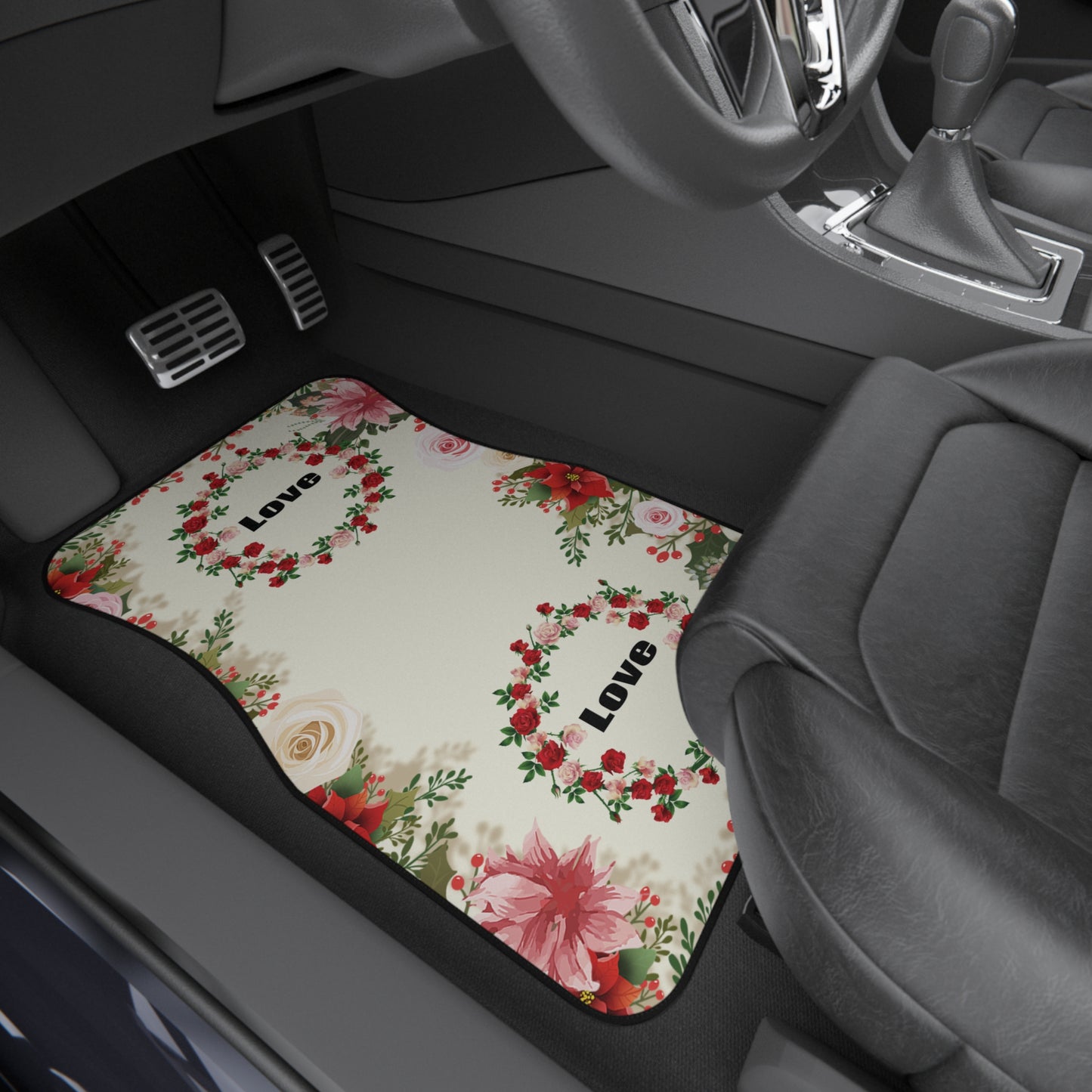 Flowers Round Flowers Love Car Floor Mats – 2-Piece Front Set, Durable & Stylish, Universal Fit