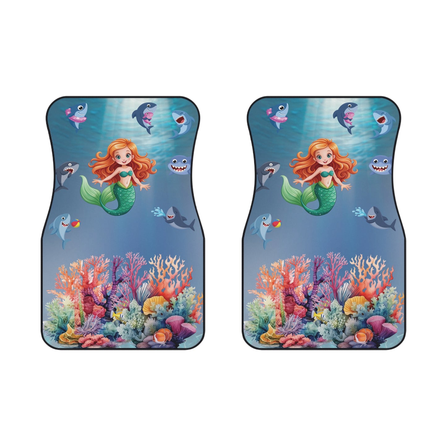 Ocean Mermaid Sharks Front Car Mats – Durable, Anti-Slip, Easy to Clean, Vibrant Print