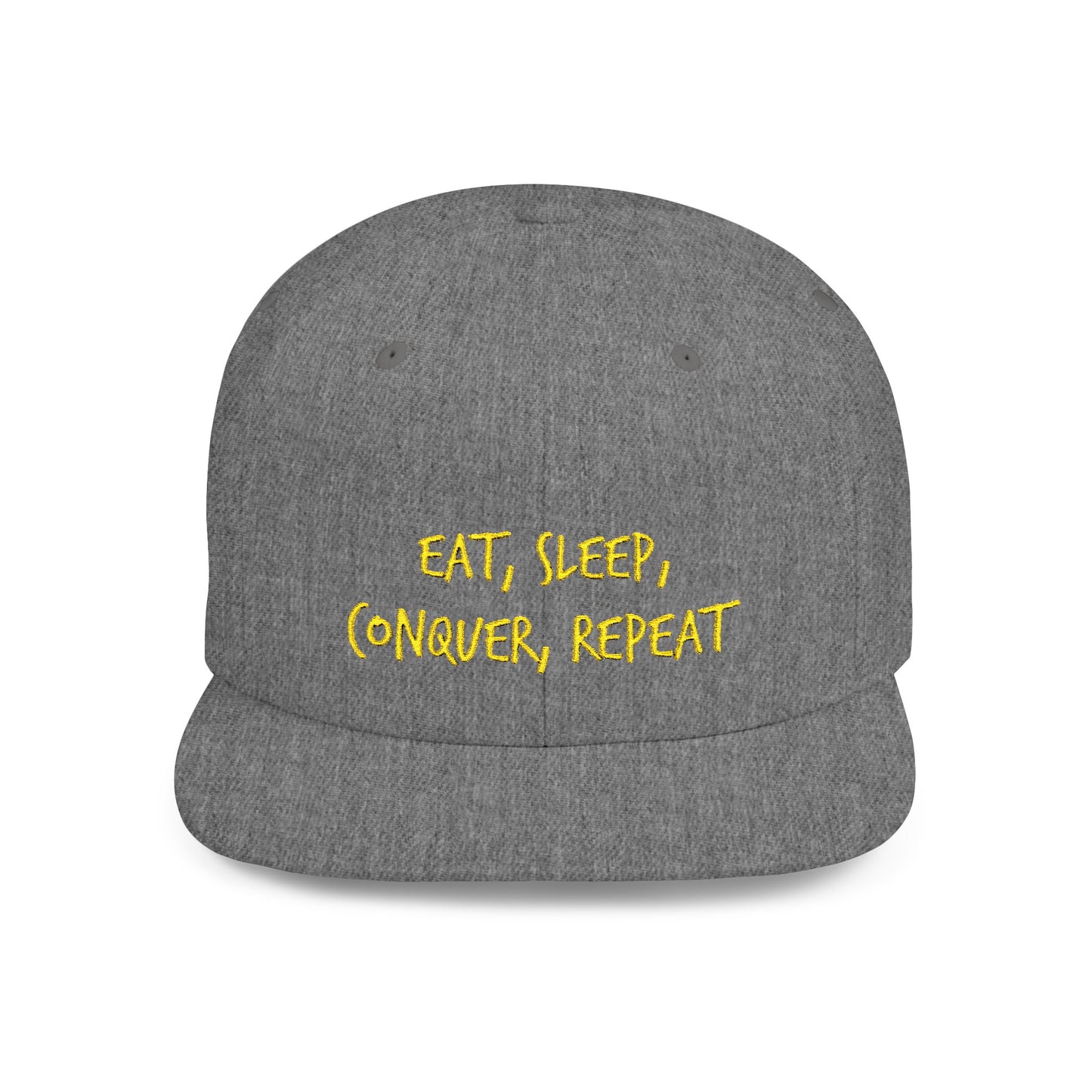 Text Eat Sleep Conquer Repeat Flat Bill Snapback – Lightweight, Custom Fit, Premium Quality