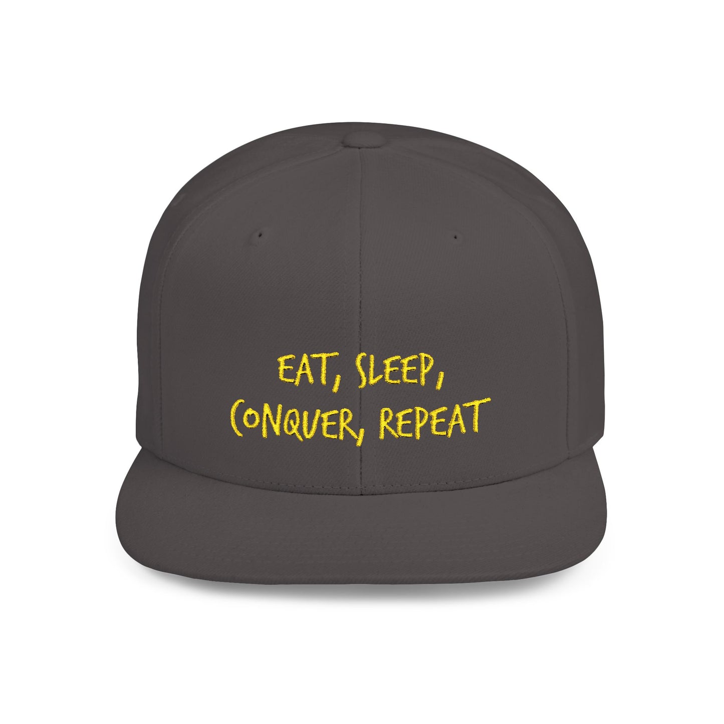Text Eat Sleep Conquer Repeat Flat Bill Snapback – Lightweight, Custom Fit, Premium Quality
