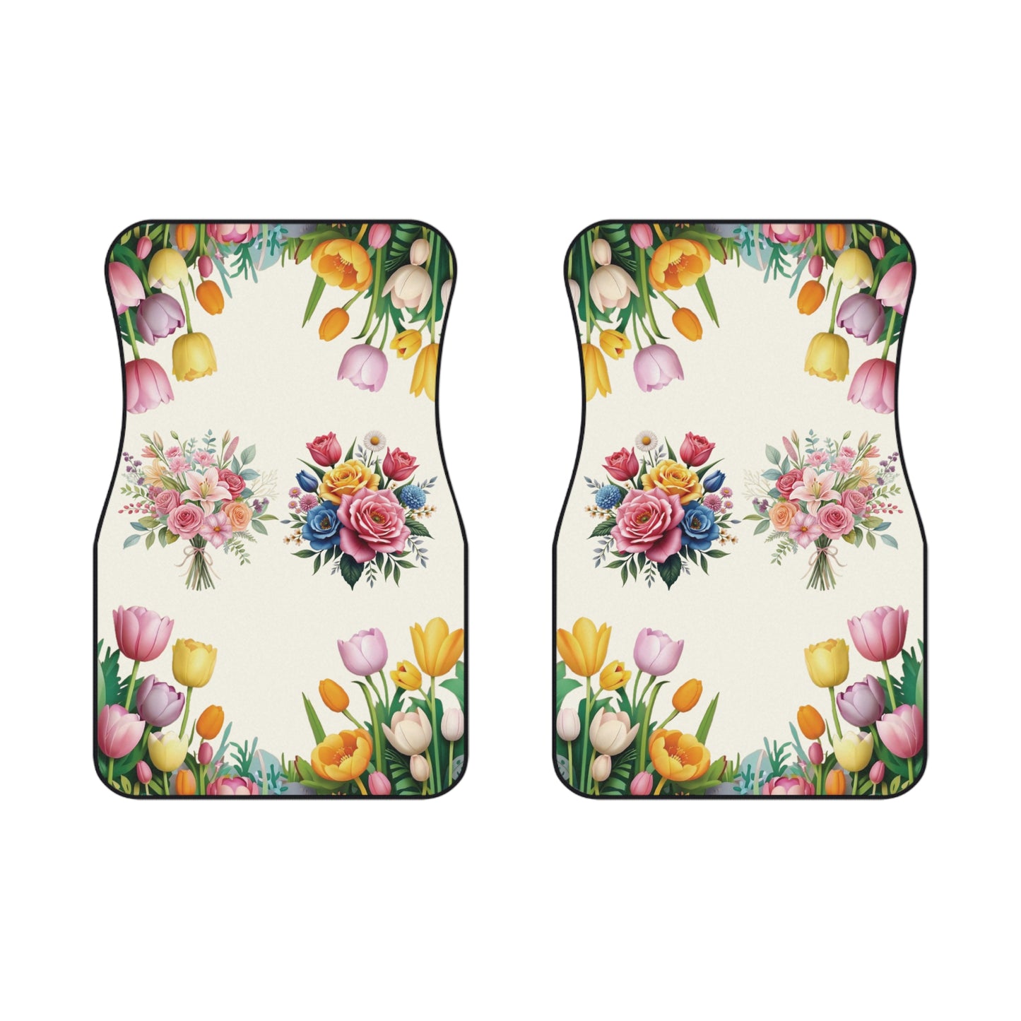 Flowers Colorful Bouquet Car Floor Mats – 2-Piece Front Set, Durable & Stylish, Universal Fit