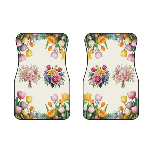 Flowers Colorful Bouquet Car Floor Mats – 2-Piece Front Set, Durable & Stylish, Universal Fit