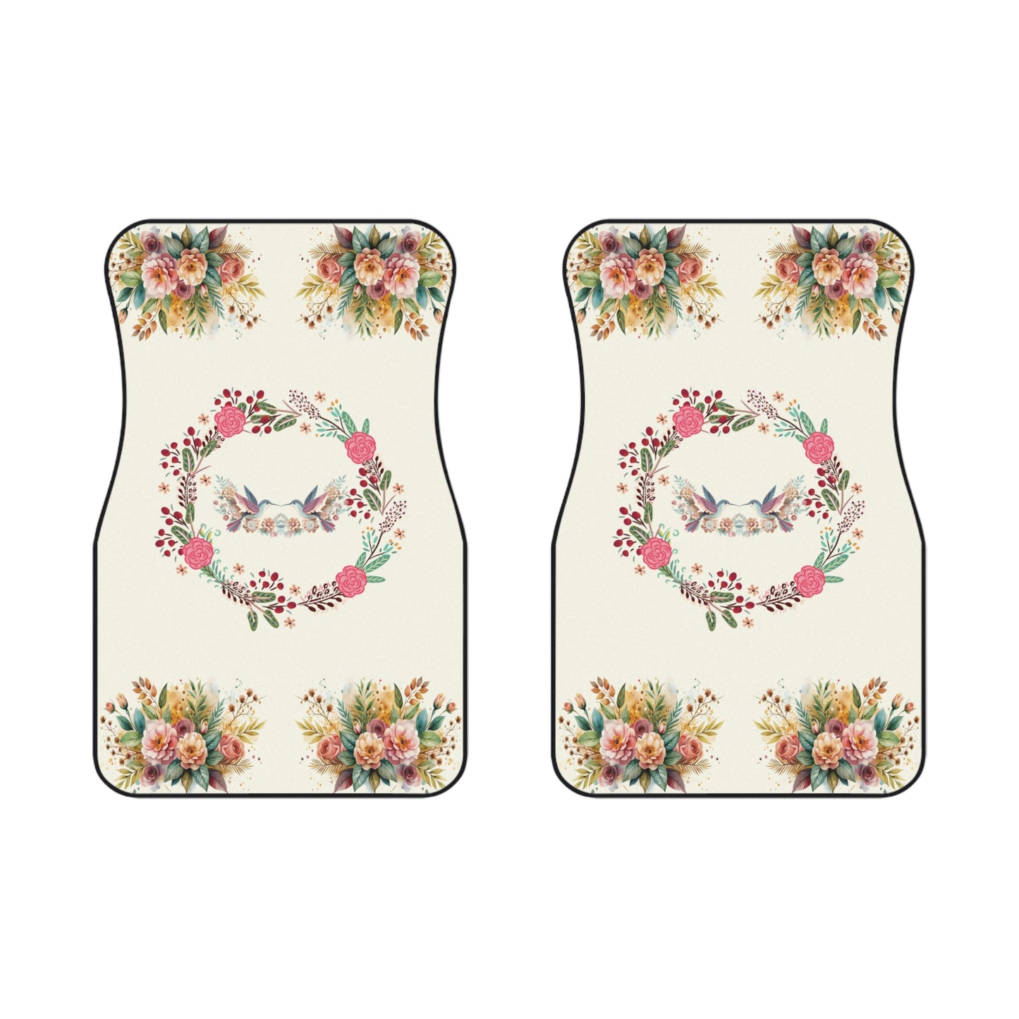 Flowers Birds Floral Wreath Car Floor Mats – 2-Piece Front Set, Durable & Stylish, Universal Fit