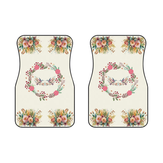 Flowers Birds Floral Wreath Car Floor Mats – 2-Piece Front Set, Durable & Stylish, Universal Fit