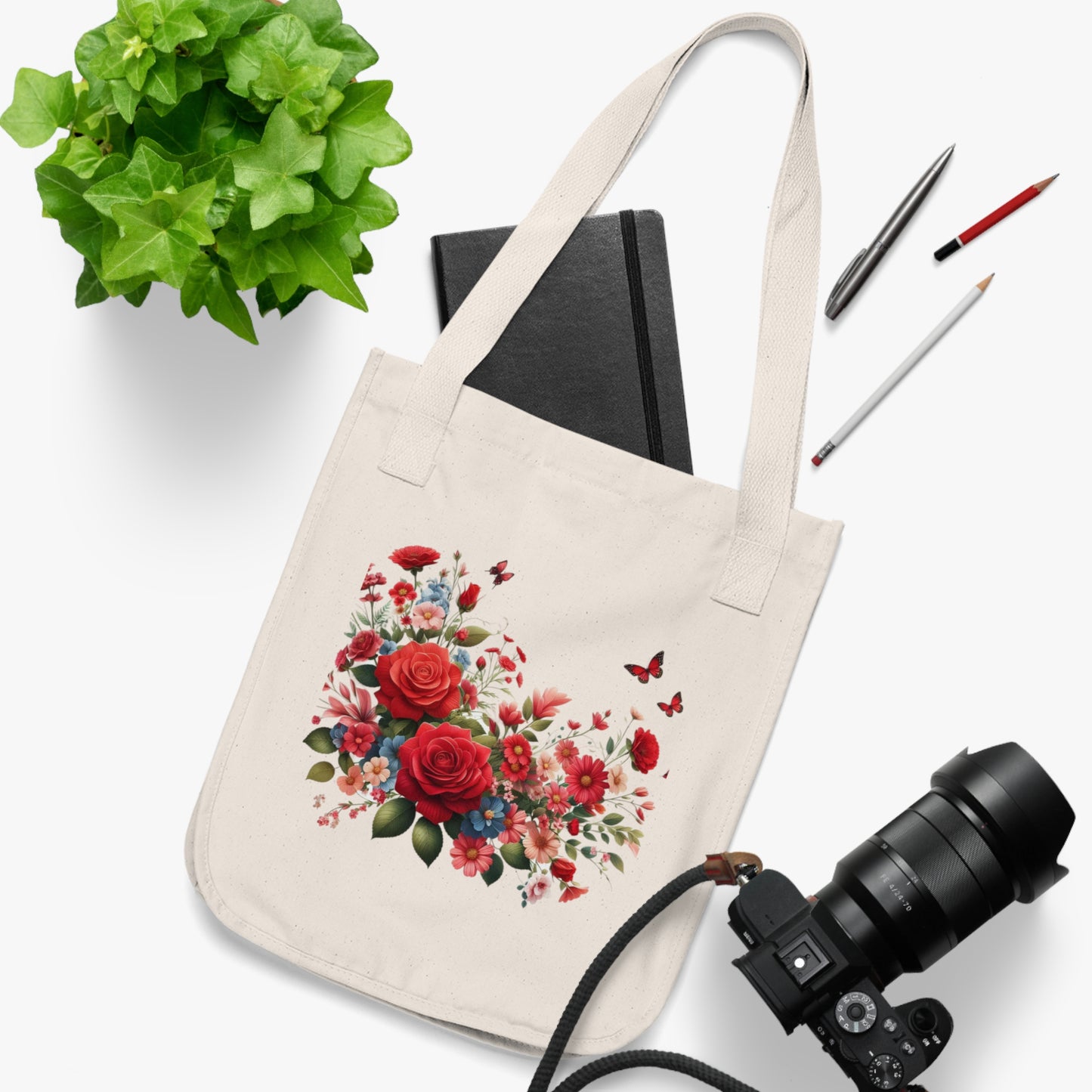 Flowers Red Rose Floral Organic Canvas Tote Bag - Eco-Friendly Carryall for Everyday Use