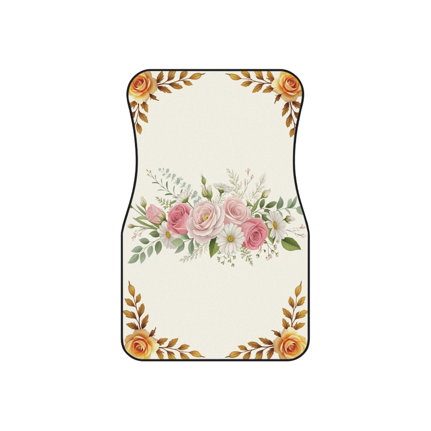 Flowers Gold Elegant Car Floor Mats – 2-Piece Front Set, Durable & Stylish, Universal Fit