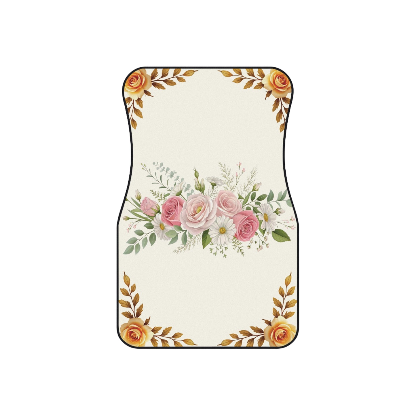 Flowers Gold Elegant Car Floor Mats – 2-Piece Front Set, Durable & Stylish, Universal Fit