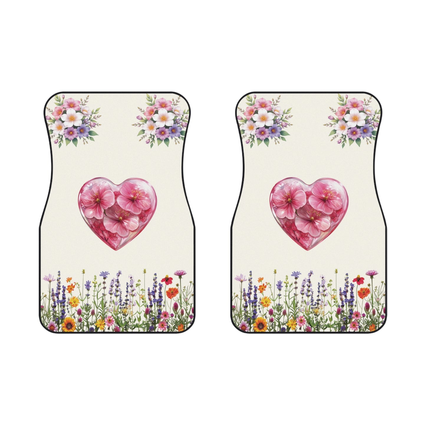 Flowers Heart Bouquet Car Floor Mats – 2-Piece Front Set, Durable & Stylish, Universal Fit