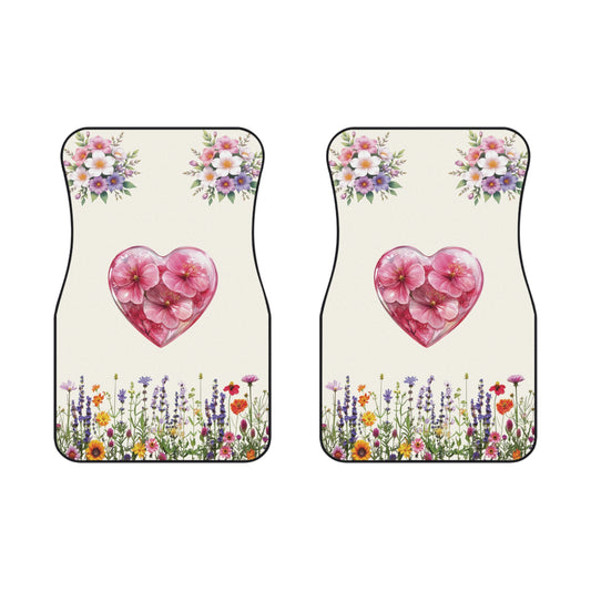 Flowers Heart Bouquet Car Floor Mats – 2-Piece Front Set, Durable & Stylish, Universal Fit