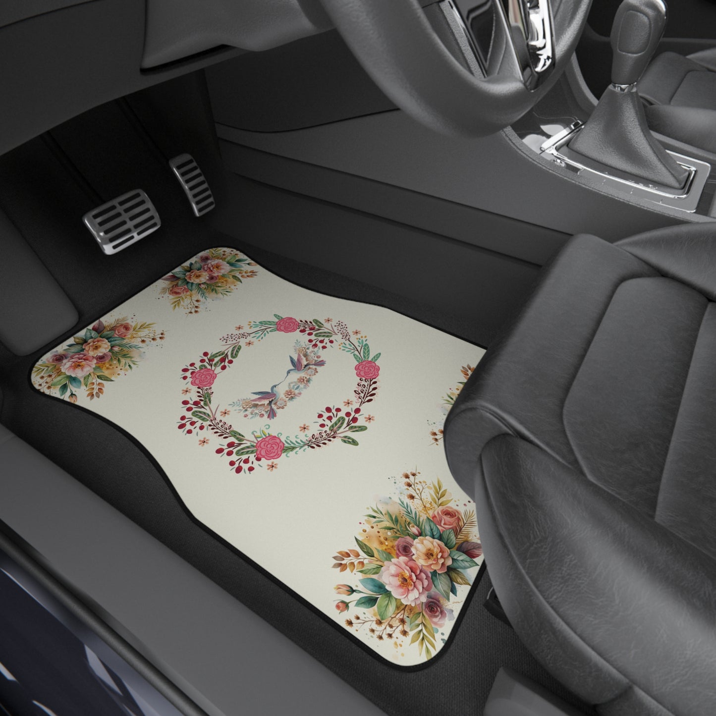 Flowers Birds Floral Wreath Car Floor Mats – 2-Piece Front Set, Durable & Stylish, Universal Fit