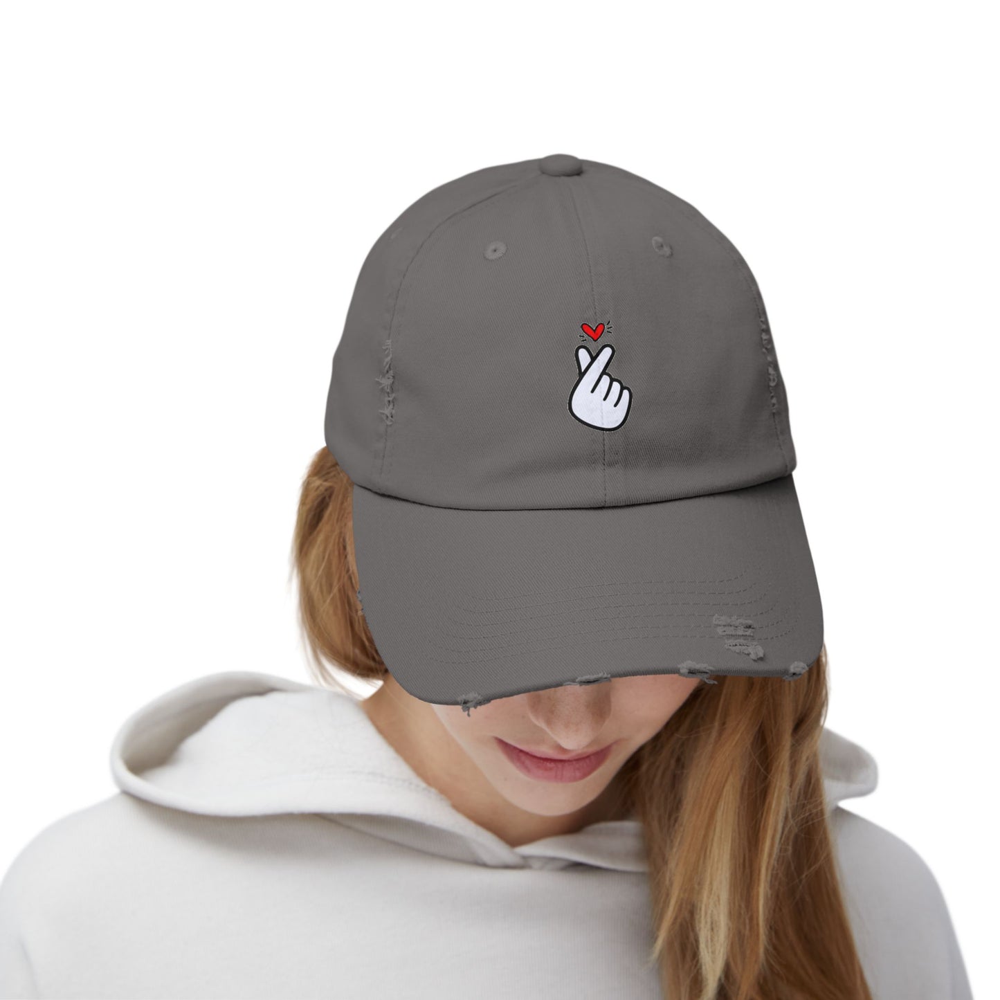 Heart Gesture Vintage Distressed Dad Hat Unisex Adjustable Cotton Twill Baseball Cap for Casual Everyday Wear