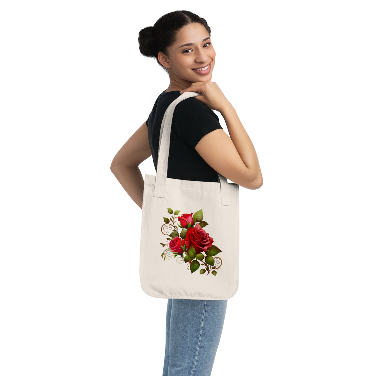 Flowers Roses With Swirls Floral Organic Canvas Tote Bag - Eco-Friendly Carryall for Everyday Use