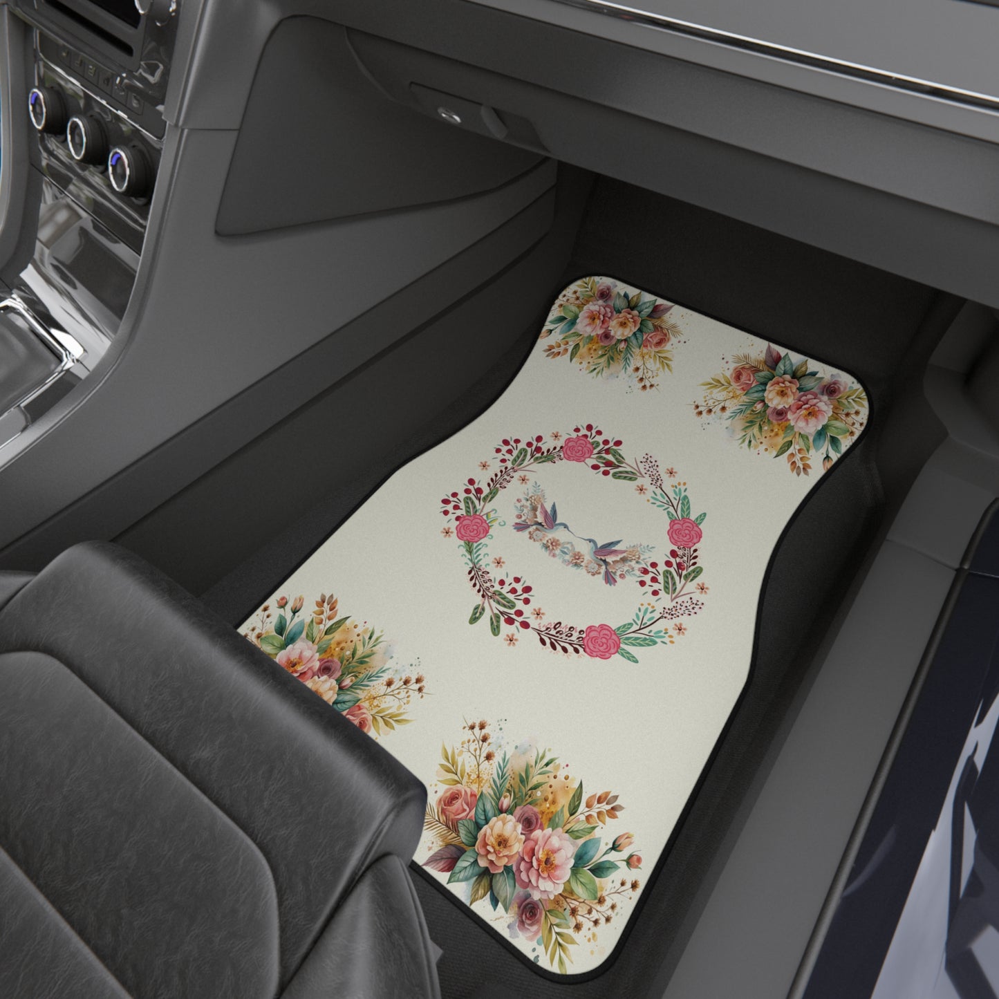 Flowers Birds Floral Wreath Car Floor Mats – 2-Piece Front Set, Durable & Stylish, Universal Fit
