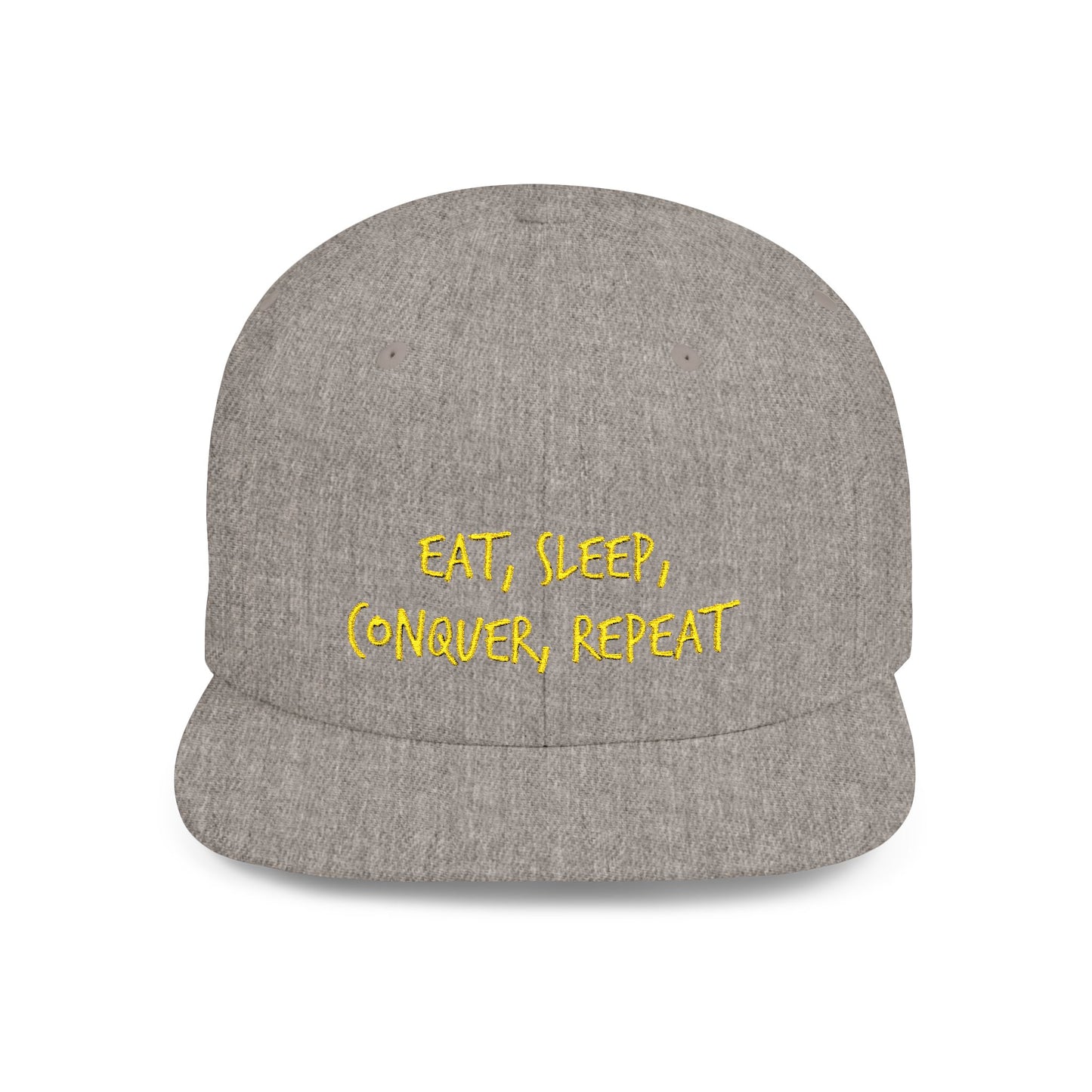 Text Eat Sleep Conquer Repeat Flat Bill Snapback – Lightweight, Custom Fit, Premium Quality