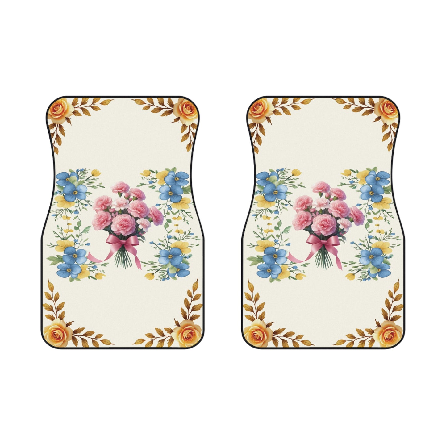 Flowers Colorful Gold Blue Car Floor Mats – 2-Piece Front Set, Durable & Stylish, Universal Fit